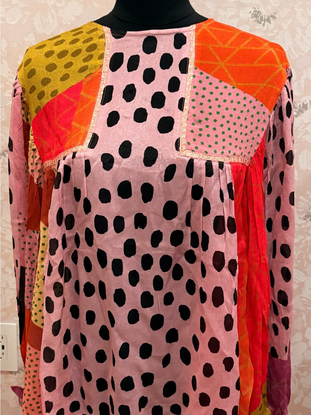 Patchwork Polka Dot Pink Long-Sleeve Blouse